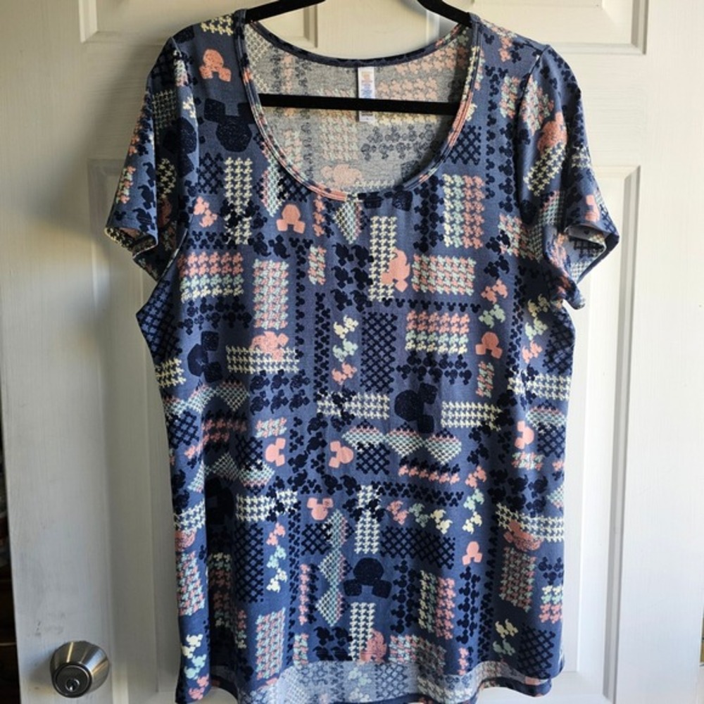 LuLaRoe Disney Mickey Mouse Patchwork Print Scoop Neck Tunic‎ Top Blue Large